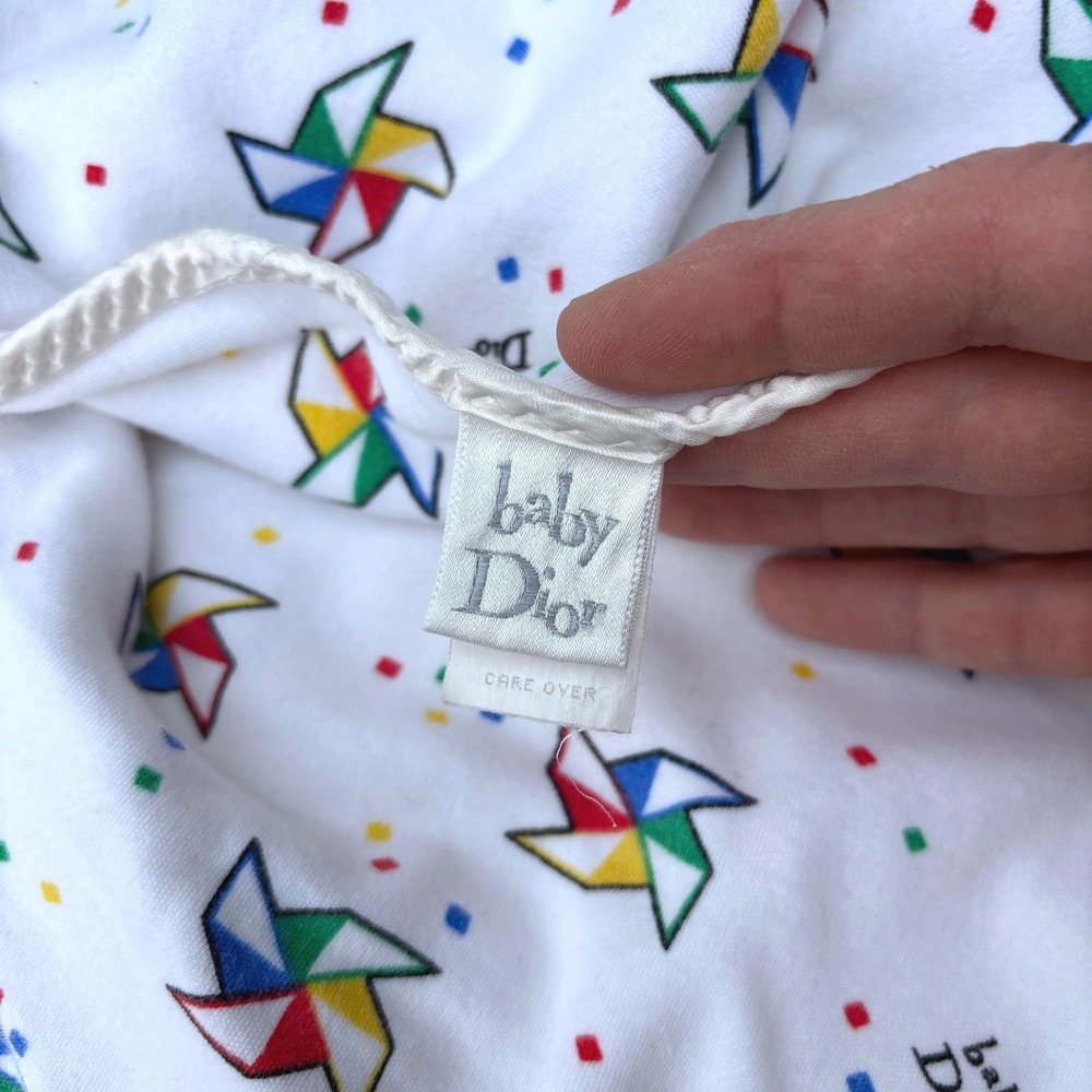 Vintage 80s Baby Dior Pinwheel Print Cotton Blanket Satin Trim White Multi 32x28